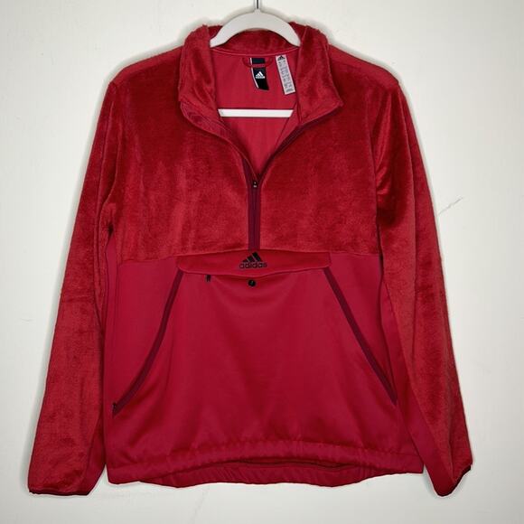 Adidas Red Fleece Sweater Pullover 1/2 Zip Front Zipper Pocket Women Size Large - Picture 2 of 7